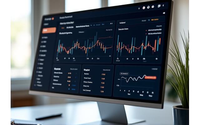 A sleek, minimalist digital dashboard displaying key performance indicators for hotel operations, with green upward trends and clear, elegant charts, symbolizing efficiency and growth.