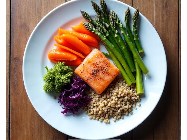 A vibrant, fresh, healthy meal composed of colorful organic vegetables, lean protein, and whole grains, perfectly plated on a minimalist white dish, reflecting nutritious living.